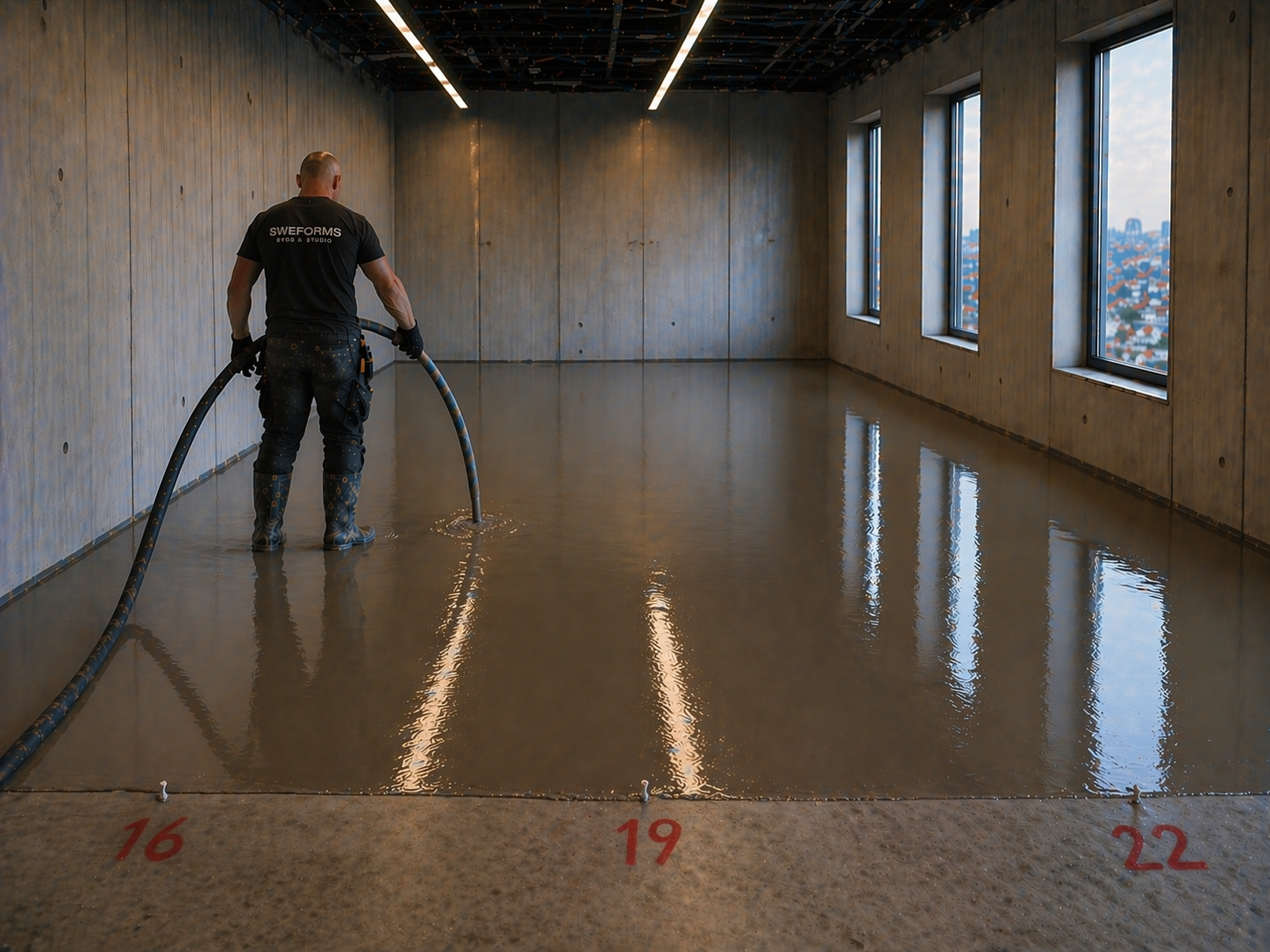 Flytspackel i modern betongmiljö